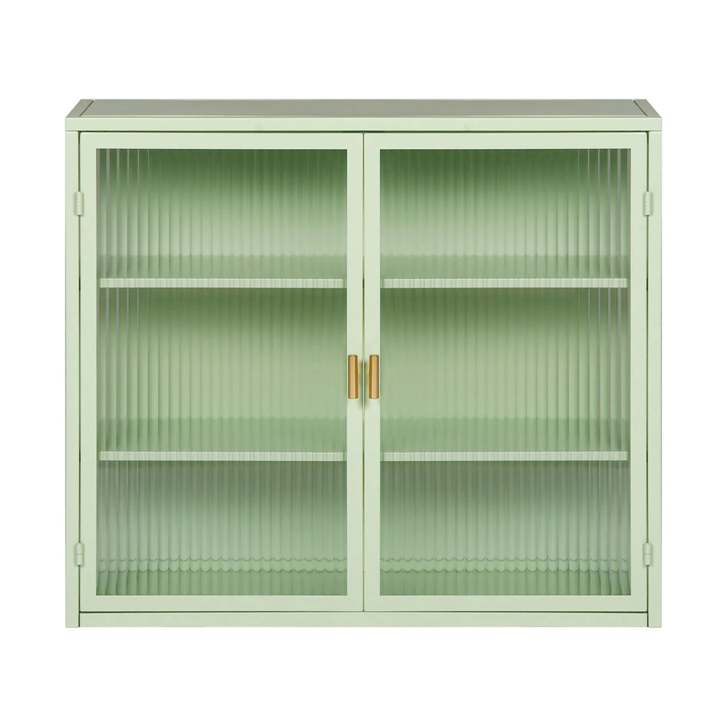 Two-door Wall Cabinet, Modern Kitchen Wall Mounted Cabinet with 2 Glass Doors, Two-tier Enclosed Storage, an Open Shelf, Towel Rack, Metal Wall Cabinet for Entryway, Living Room, Bathroom,  White