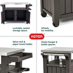 Keter Unity XL Outdoor Kitchen Bar Rolling Cart with Storage Cabinet, Brown