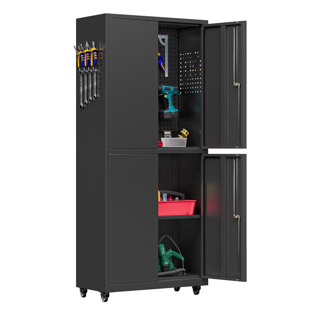 Metal Storage Cabinet with Wheels,Tool Storage Cabinet with Doors and Shelves Adjustable,Heavy Duty Garage Storage Cabinet,Steel Locking Storage Cabinet for Garage/Warehouse/Office/School/Home-Black
