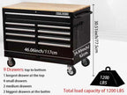 Rolling Tool Chest Extra-Deep 46In 9-Drawers, Mobile Tool Storage Cabinet/Work Bench with Wooden Top/Power Strip, Equipped with Casters, Handle, Liner, and Locking System, 1200 lbs Capacity