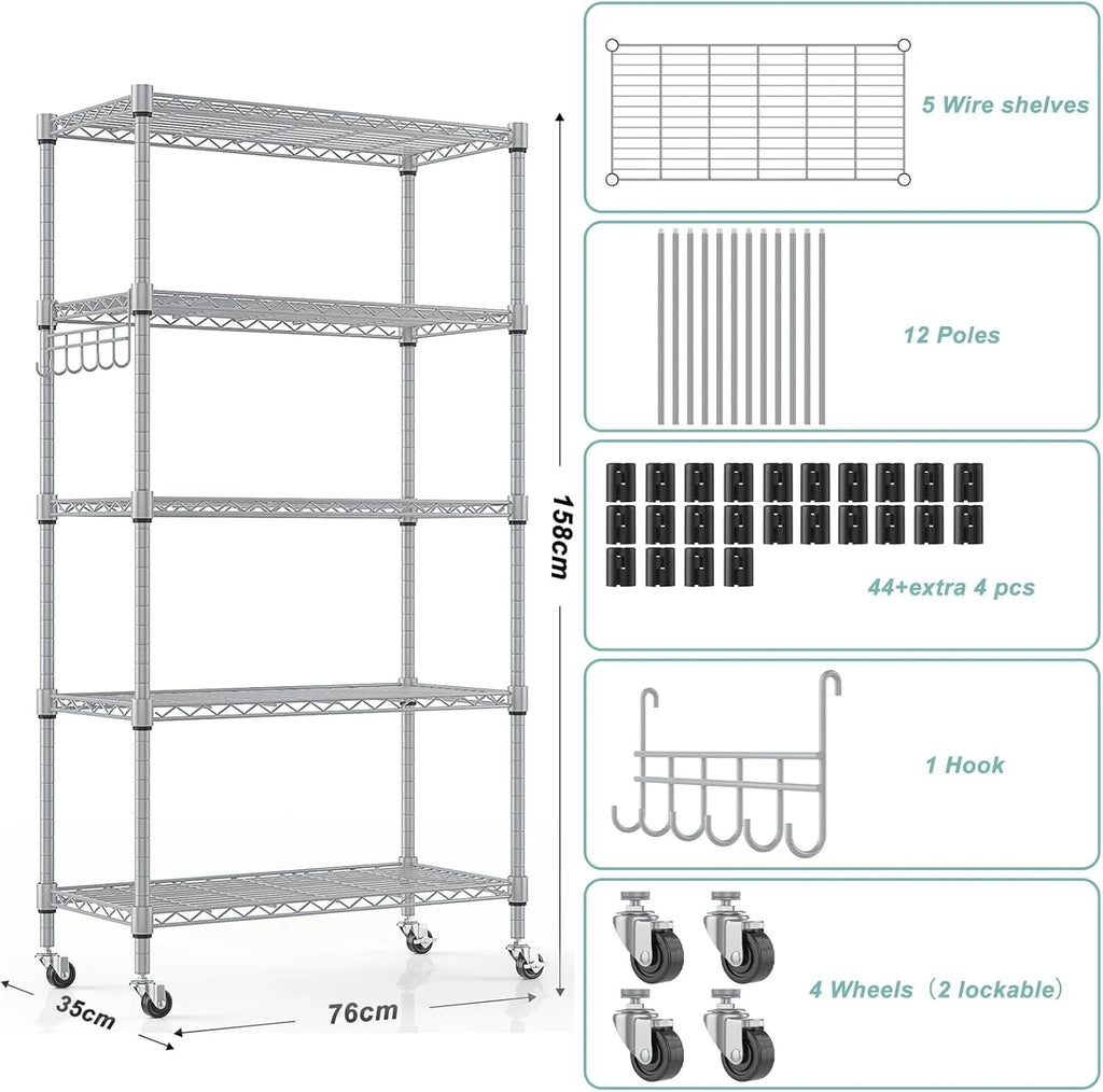 5-Tier Storage Shelf Wire Shelving Unit on Wheels, Adjustable Heavy Duty Metal Shelves with Side Hooks, Steel Rack Organization for Kitchen Garage Basement, Silver