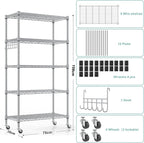 5-Tier Storage Shelf Wire Shelving Unit on Wheels, Adjustable Heavy Duty Metal Shelves with Side Hooks, Steel Rack Organization for Kitchen Garage Basement, Silver