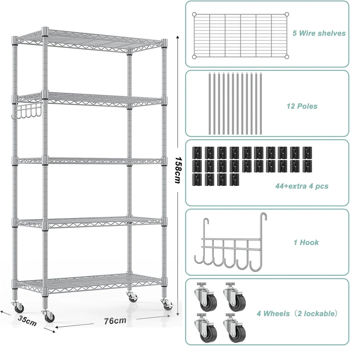 5-Tier Storage Shelf Wire Shelving Unit on Wheels, Adjustable Heavy Duty Metal Shelves with Side Hooks, Steel Rack Organization for Kitchen Garage Basement, Silver