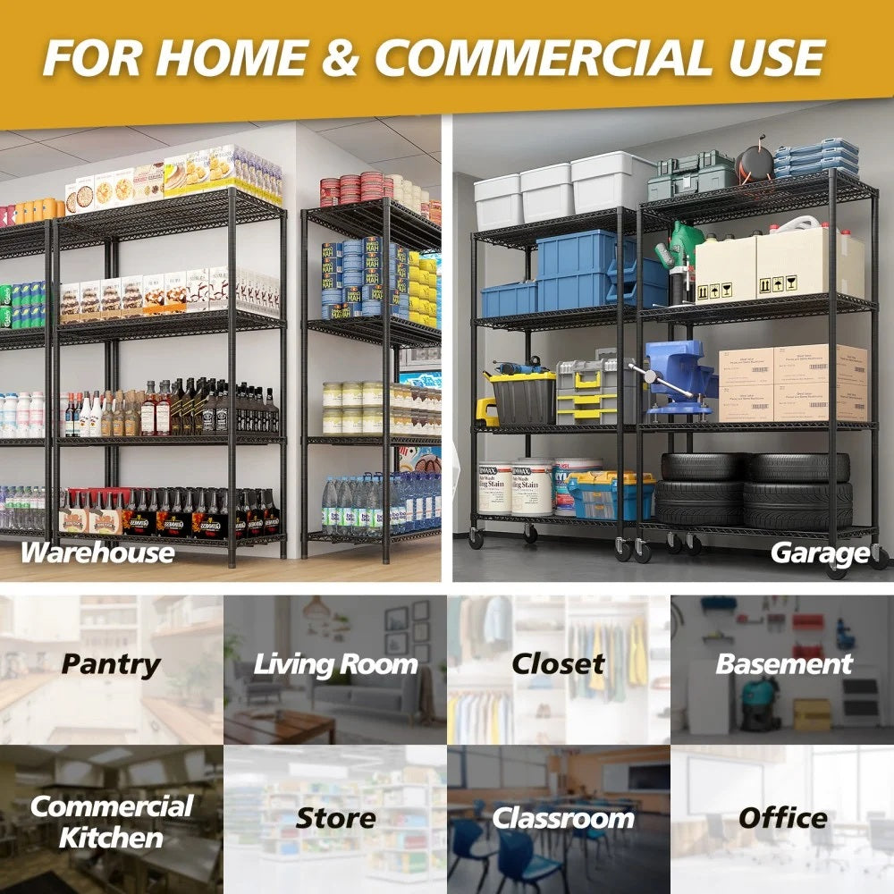 IVV 4-Tier Wire Shelving Unit on Wheels, Rolling Metal Storage Utility Rack, 2500LBS Capacity, Height Adjustable for Restaurant Garage Pantry Kitchen, 55.12"L x 23.62"W x 75.59"H, Black