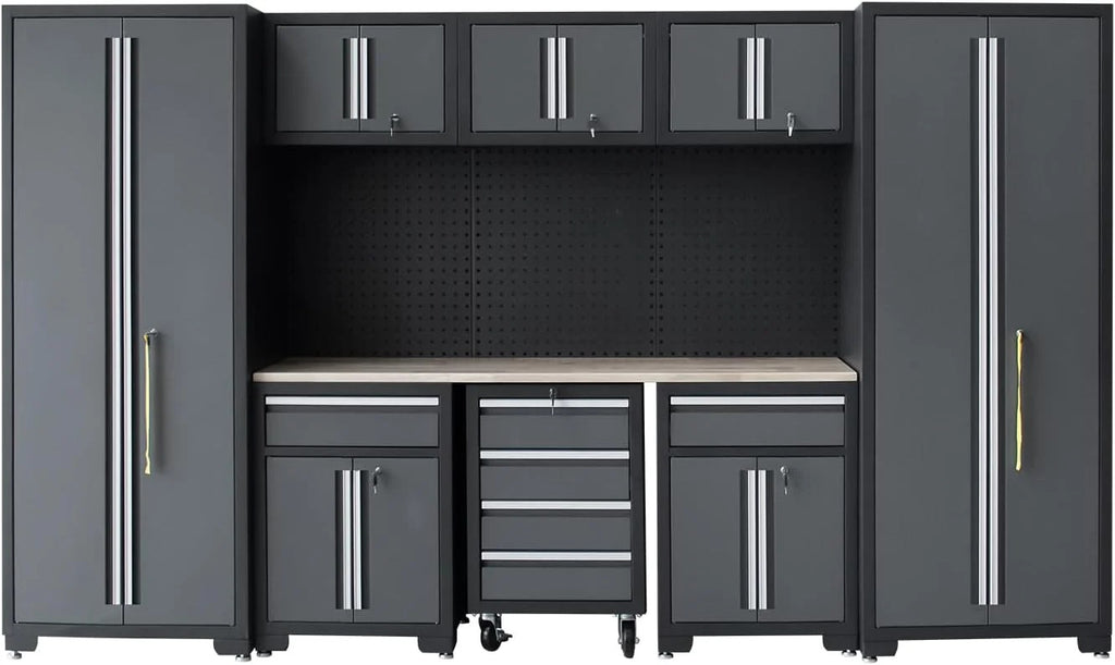 HPDMC Garage Storage Cabinet System 9-Pcs Workshop Set Metal Garage Cabinets and Storage System with Steel Cabinet Drawers, Rolling Chest, Workbench, Pegboard for Garage Tool Organization