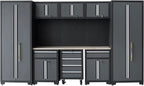 HPDMC Garage Storage Cabinet System 9-Pcs Workshop Set Metal Garage Cabinets and Storage System with Steel Cabinet Drawers, Rolling Chest, Workbench, Pegboard for Garage Tool Organization