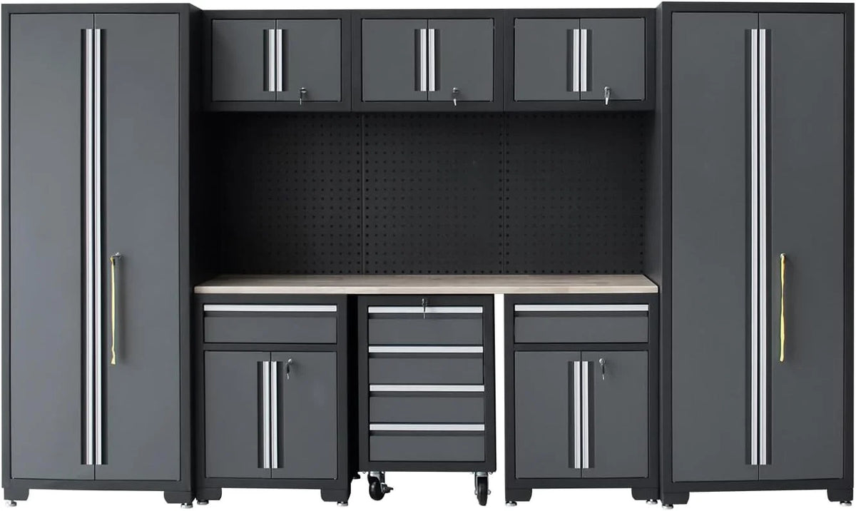 HPDMC Garage Storage Cabinet System 9-Pcs Workshop Set Metal Garage Cabinets and Storage System with Steel Cabinet Drawers, Rolling Chest, Workbench, Pegboard for Garage Tool Organization