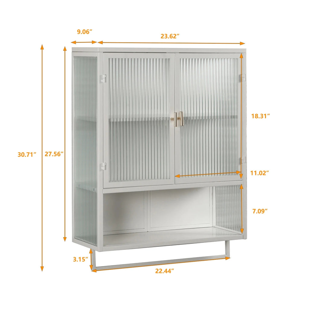 Two-door Wall Cabinet, Modern Kitchen Wall Mounted Cabinet with 2 Glass Doors, Two-tier Enclosed Storage, an Open Shelf, Towel Rack, Metal Wall Cabinet for Entryway, Living Room, Bathroom,  White