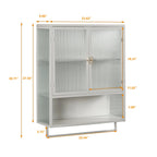 Two-door Wall Cabinet, Modern Kitchen Wall Mounted Cabinet with 2 Glass Doors, Two-tier Enclosed Storage, an Open Shelf, Towel Rack, Metal Wall Cabinet for Entryway, Living Room, Bathroom,  White