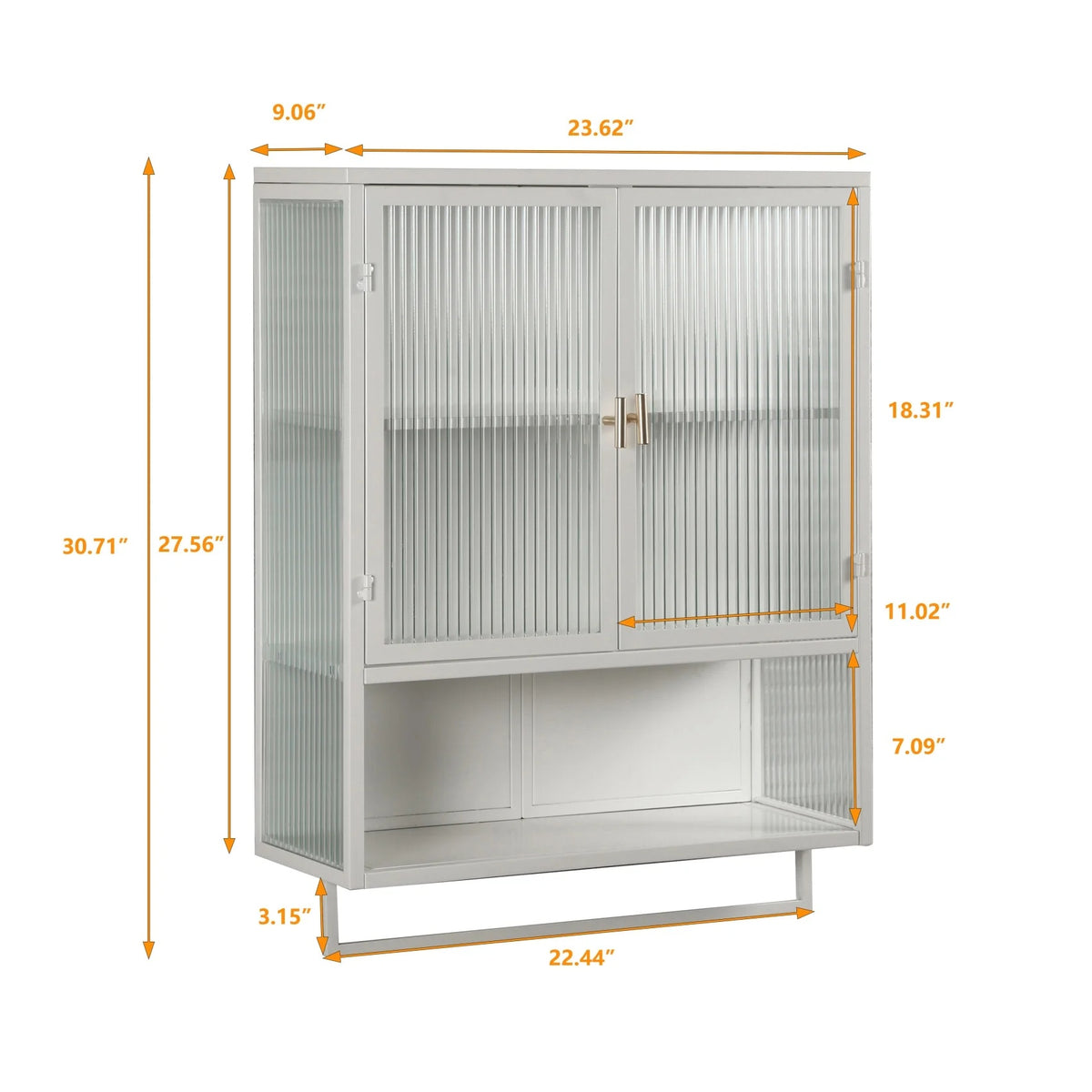 Two-door Wall Cabinet, Modern Kitchen Wall Mounted Cabinet with 2 Glass Doors, Two-tier Enclosed Storage, an Open Shelf, Towel Rack, Metal Wall Cabinet for Entryway, Living Room, Bathroom,  White