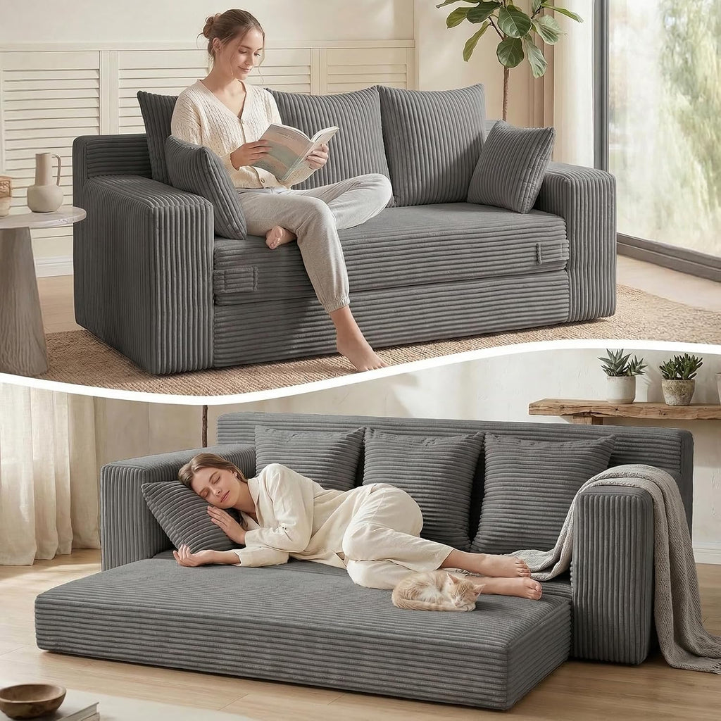 Convertible Sofa Bed, Loveseat Folding Floor Futon Sleeper Sofa Couch Bed- Boneless Foldable Couch, Corduroy Pull Out Sofa Bed with 2 Pillows for Living Room & Bedroom