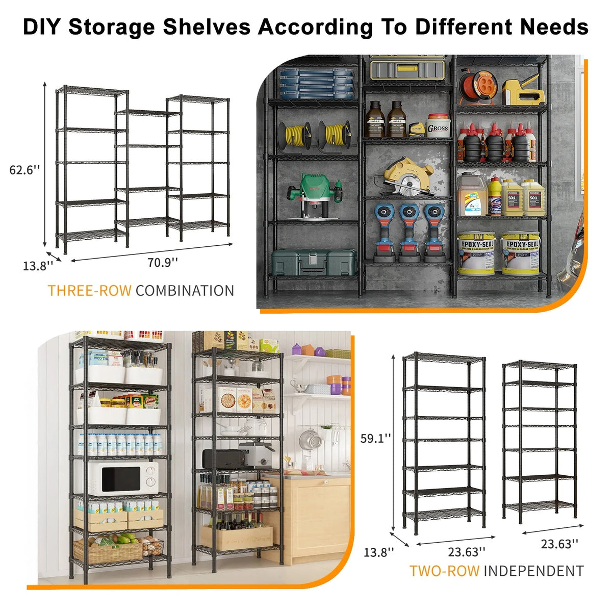 Ktaxon 3-Rows 1820LBS Heavy Duty Wire Shelving, 5-Tier Steel Garage Storage Rack, Adjustable DIY Metal Commercial Shelving for Garage Pantry Storage Organizer, 62.9"W x 13.8"D x 70.8"H