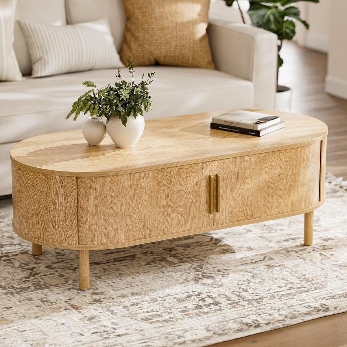 Round Coffee Table with Sliding Doors, Mid-Century, Walnut