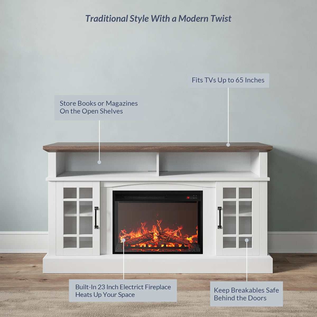 BELLEZE 58" TV Stand with 23" Electric Fireplace, Fireplace TV Console for TVs up to 65", Home Entertainment Center with Storage Cabinet and Adjustable Shelves - Astorga (Gray Wash)
