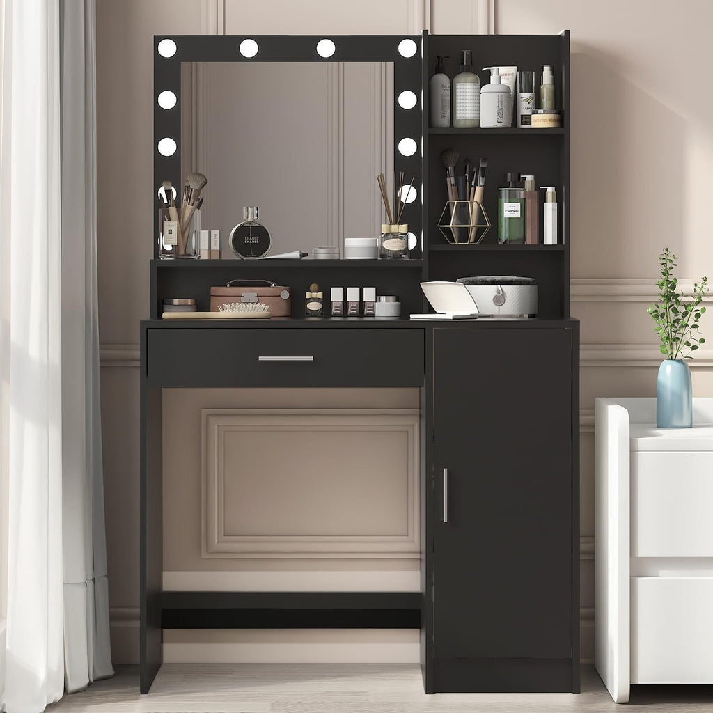 Vanity Desk with Mirror & Light, Large Drawer Three Level Storage Dresser, 3 Lighting Modes Adjustable Brightness, Bedroom Dressing Table