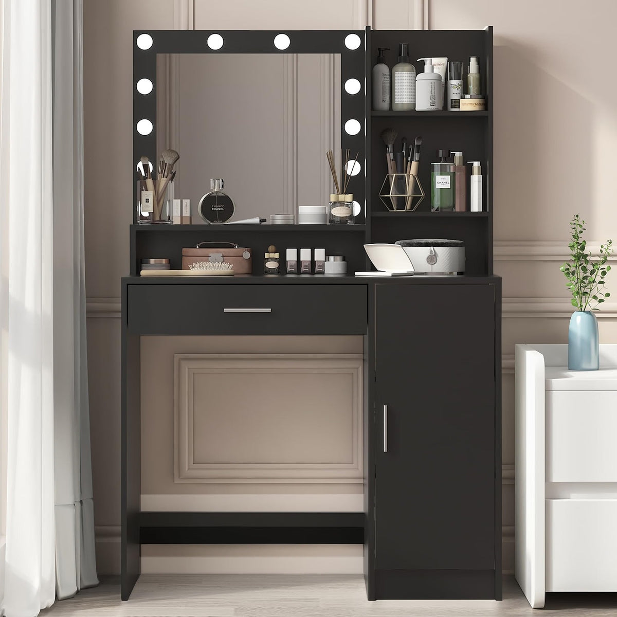 Vanity Desk with Mirror & Light, Large Drawer Three Level Storage Dresser, 3 Lighting Modes Adjustable Brightness, Bedroom Dressing Table