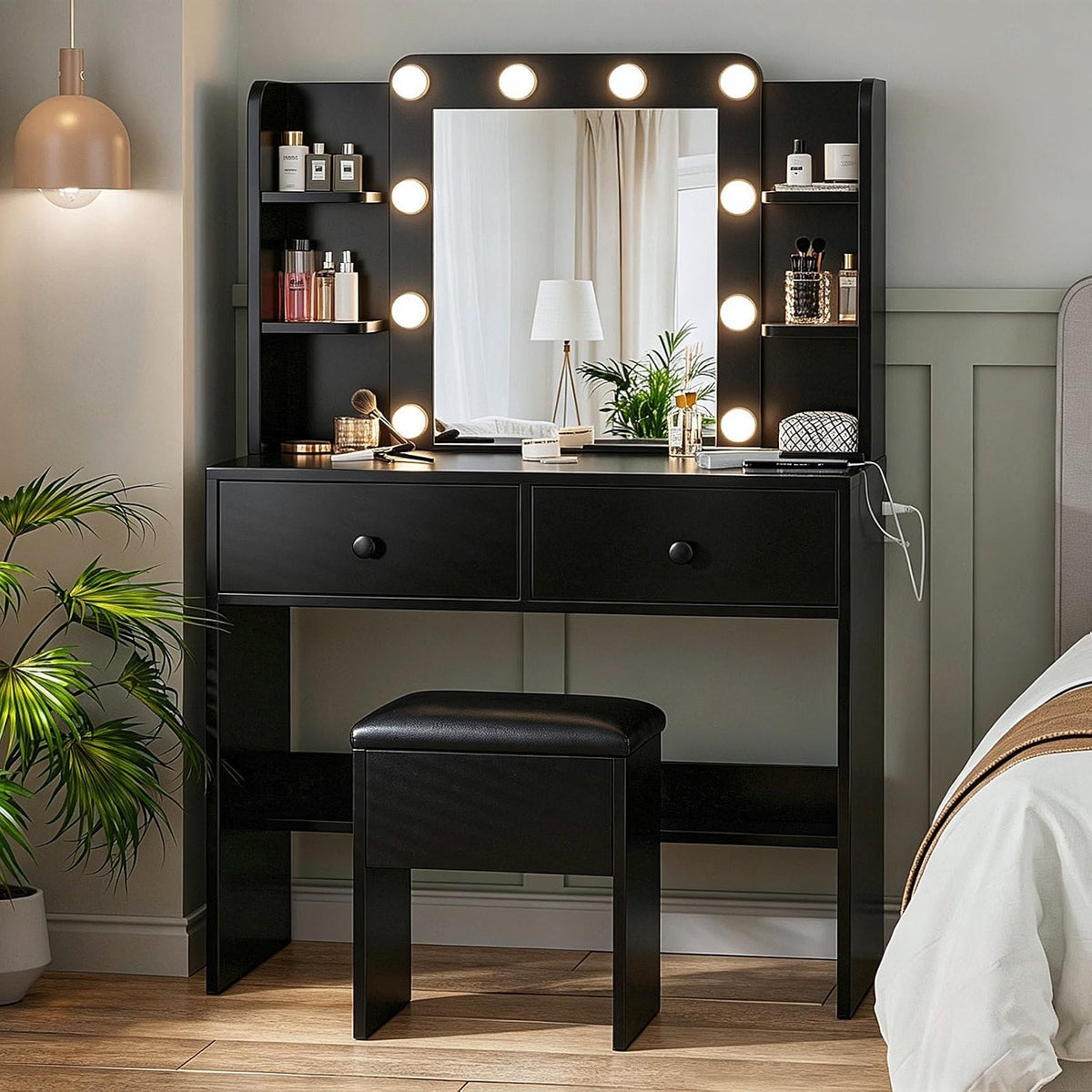 Makeup Vanity Desk with Lighted Mirror and Chair Set, White