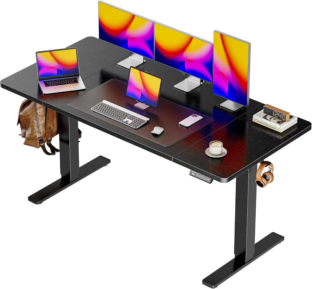 55 x 28 Large Electric Standing Desk, Height Adjustable Computer Desk, 27.6" Deep Desktop, Stand up Gaming Office Desk with 2 Hooks, 3 Preset Heights, for Home Office, Rustic Brown