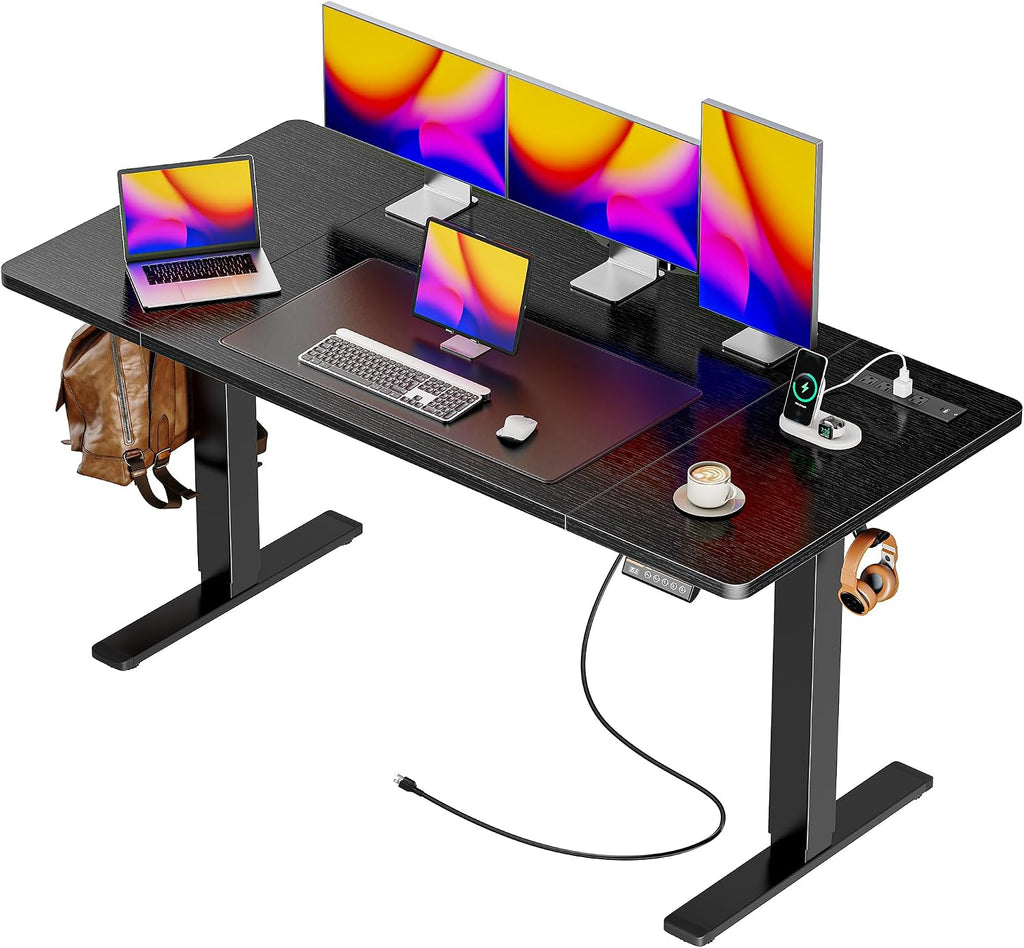 55 x 28 Large Electric Standing Desk, Height Adjustable Computer Desk, 27.6" Deep Desktop, Stand up Gaming Office Desk with 2 Hooks, 3 Preset Heights, for Home Office, Rustic Brown