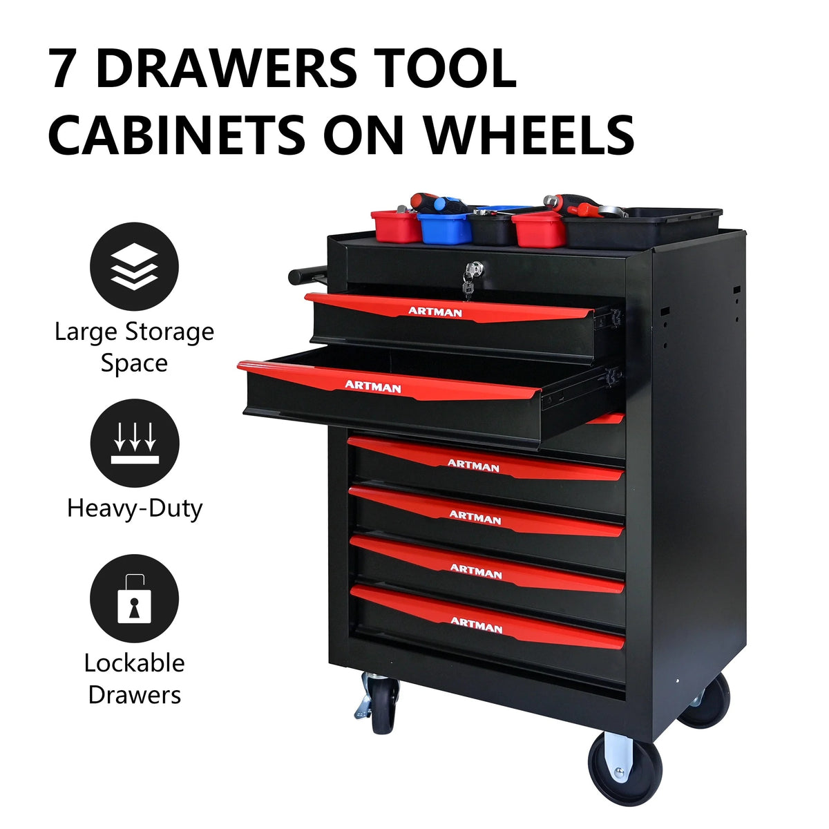 Tool Cabinets Rolling Metal Tool Chest with 7 Drawers, 20" 7-Drawer Tool Chest Cabinet with Ball Bearing Drawer Slides, Steel Tool Storage Box Organizer -BLACK&RED,Garage Tool Cabinets