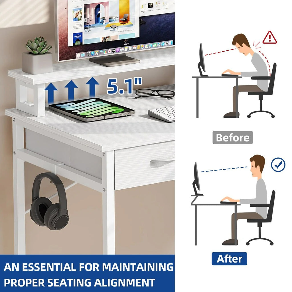 Small Computer Desk with Fabric Drawers and Monitor Stand, Compact Home Office Workstation for Small Spaces