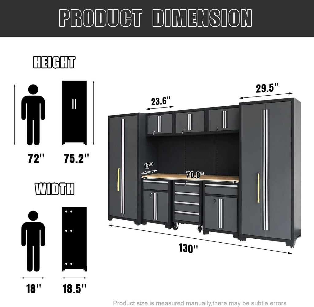 HPDMC Garage Storage Cabinet System 9-Pcs Workshop Set Metal Garage Cabinets and Storage System with Steel Cabinet Drawers, Rolling Chest, Workbench, Pegboard for Garage Tool Organization
