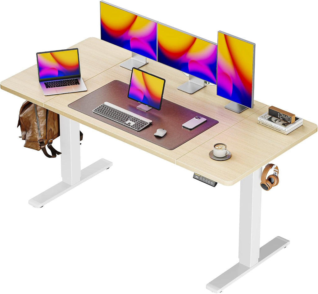 55 x 28 Large Electric Standing Desk, Height Adjustable Computer Desk, 27.6" Deep Desktop, Stand up Gaming Office Desk with 2 Hooks, 3 Preset Heights, for Home Office, Rustic Brown