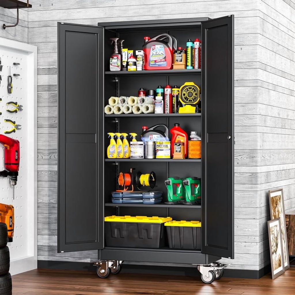 Erosoei 75"H Metal Garage Storage Cabinet with Wheels, Tool Storage Cabinet with 5 Adjustable Shelves