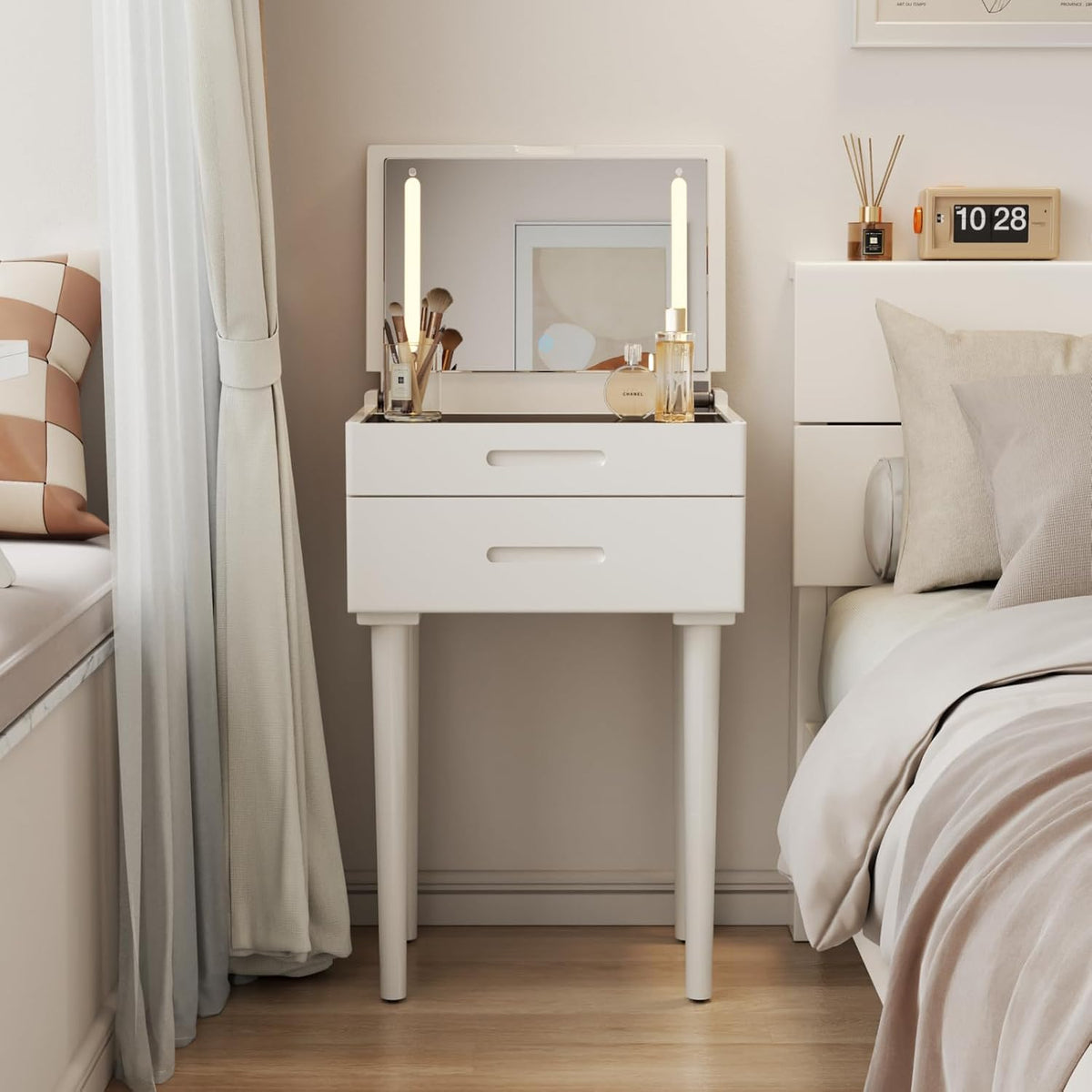 Solid Wood Small Vanity Desk with Mirror and Lights, 19.6", Natural