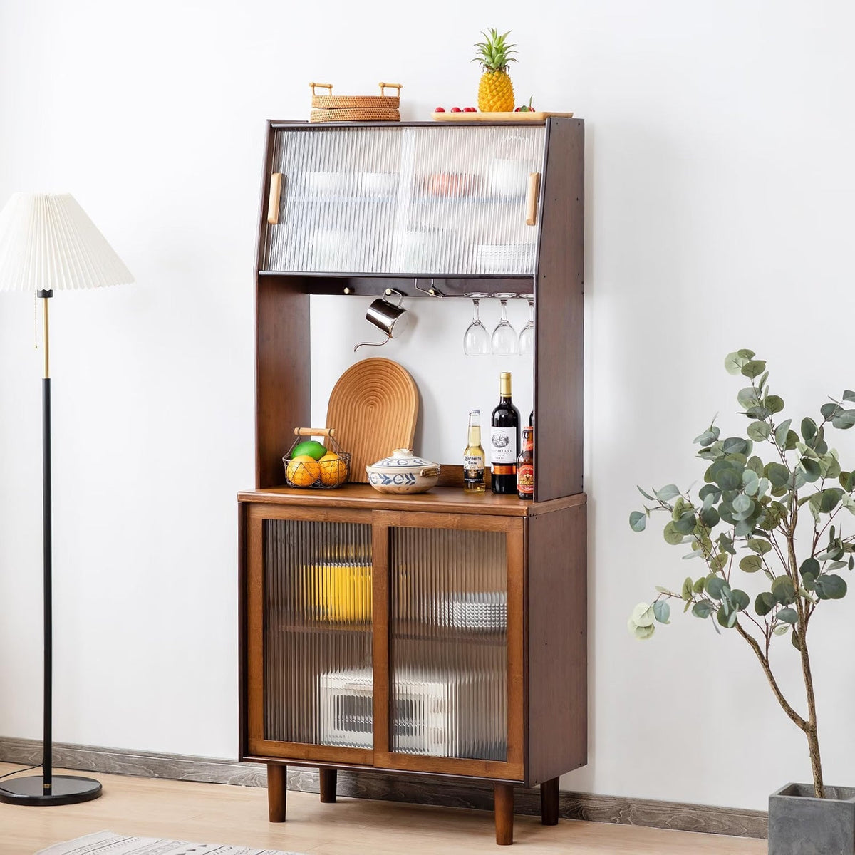 Bamboo Sideboard Buffet Cabinet, Rattan Kitchen Storage Cabinet, Boho Coffee Bar Tables for Kitchen Living Room Hallway Office, Walnut