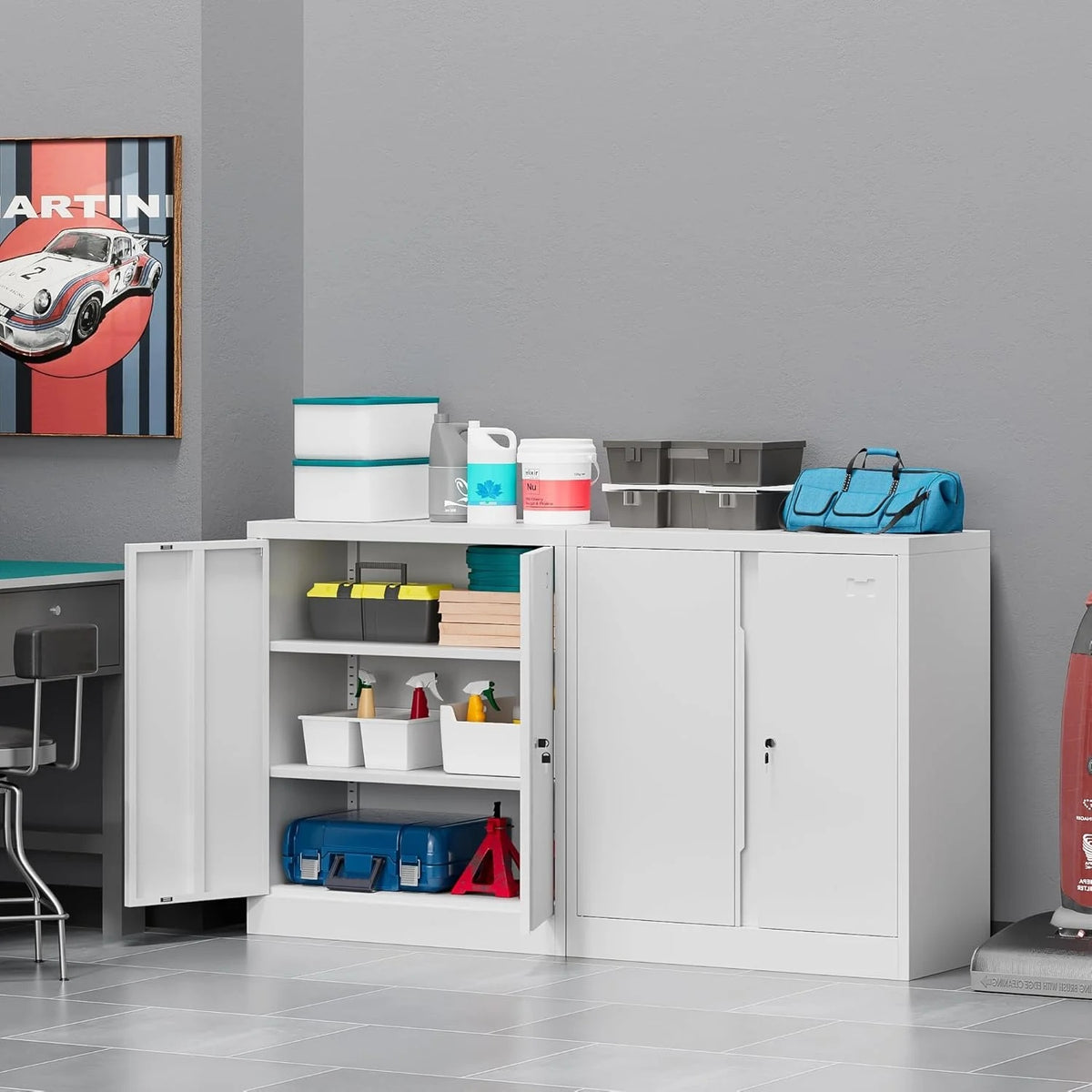 Metal Storage Cabinet, Garage Storage Cabinet with Doors and 2 Adjustable Shelves, 36" White Metal Cabinet, Locking Cabinet for Home,Garage,Office,School