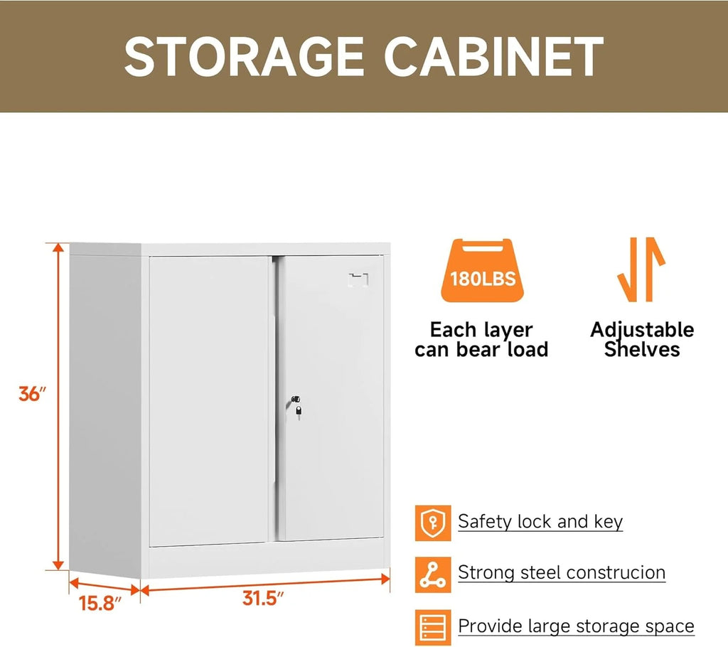 Metal Storage Cabinet, Garage Storage Cabinet with Doors and 2 Adjustable Shelves, 36" White Metal Cabinet, Locking Cabinet for Home,Garage,Office,School