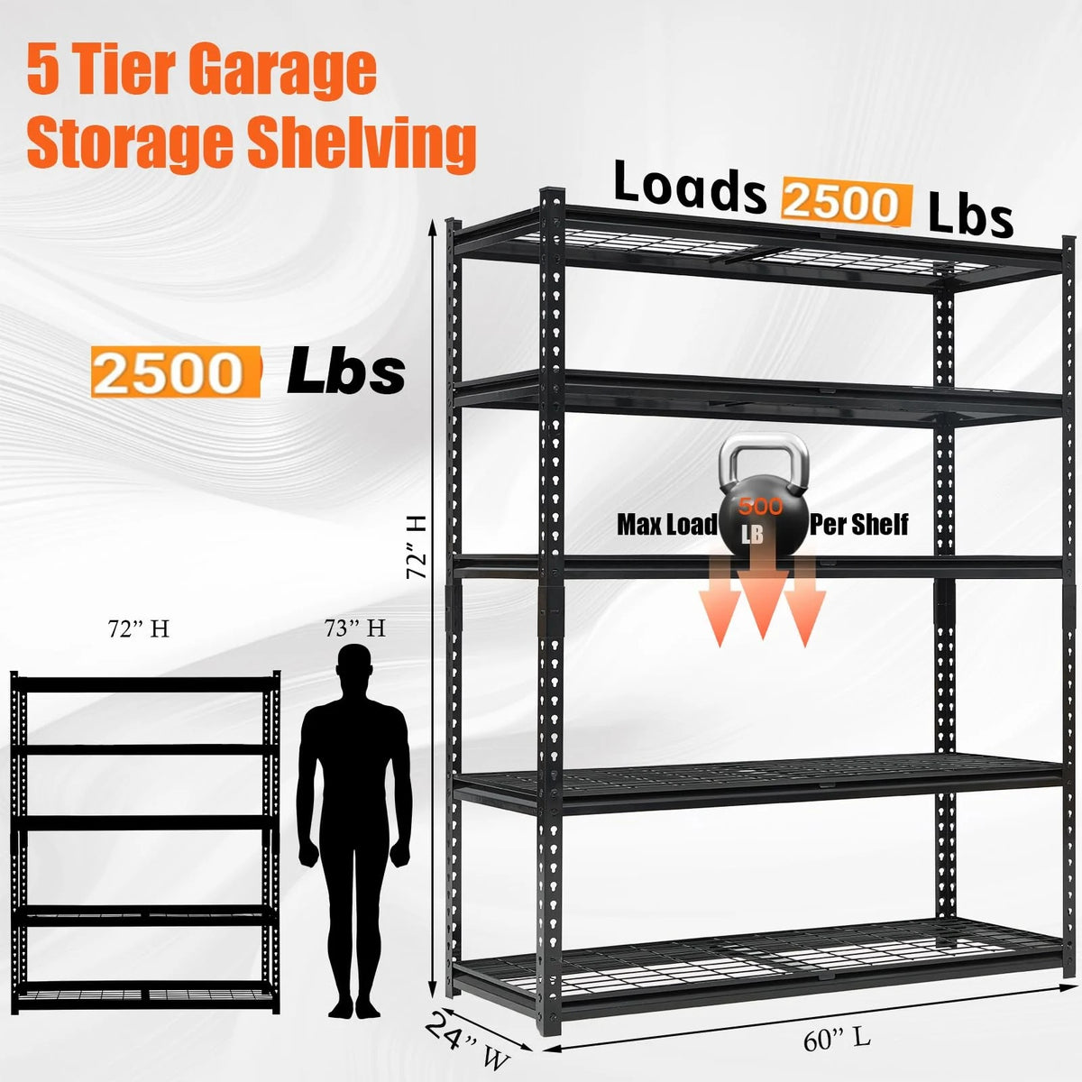 60" W Garage Shelving Units Heavy Duty,5-Tier Adjustable Storage Shelves 2500 LBS Metal Storage Utility Racks 24" D x 72" H