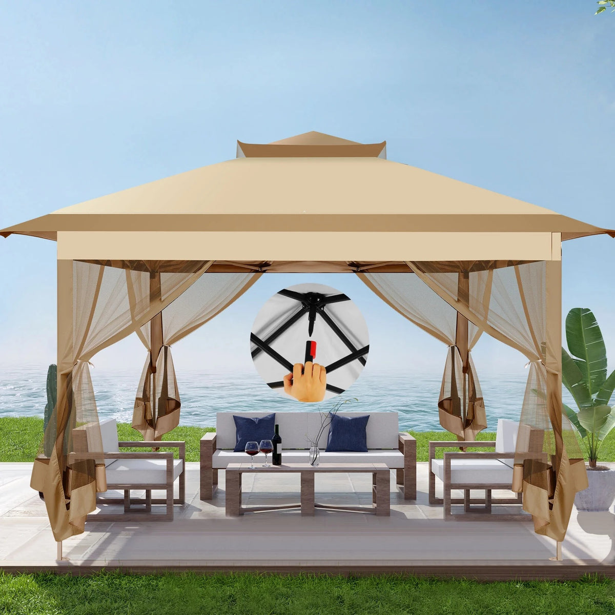 COBIZI 11x11 Pop up Gazebo Outdoor Canopy Gazebo Patio Gazebo with Mosquito Netting Canopy Shelter with 121 Square feet of Shade for Poolside, Garden, Party and Backyard, Khaki