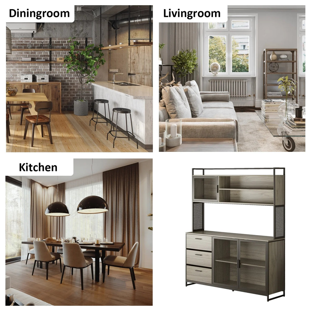 WIAWG Garage Cabinet with 3 Drawers and Metal Mesh Door, Industrial Mutifunctional Tool Storage Cabinet for Warehouse, Basement, Home Office (Walnut)