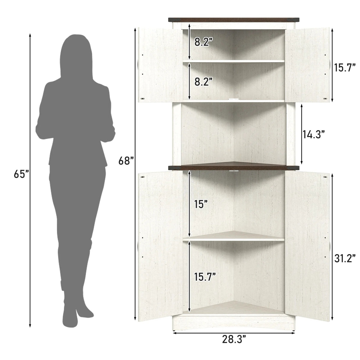 Blotout 68" Tall Farmhouse Corner Cabinet with 4 Doors, 28.3" W Barn Door Storage Cabinet with Adjustable Shelves, 5 Tier Corner Storage Cabinet for Bathroom,Living Room,Kitchen
