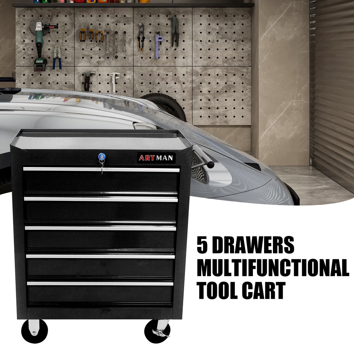 Lisonu 5-Drawer Rolling Tool Chest, Mobile Tool Storage Cabinet with Locking System & Wheels, Heavy-Duty Steel Organizer for Garage and Workshop, Green