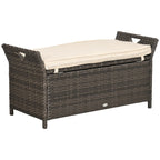 DUOSONG Outsunny 27 Gallon Patio Wicker Storage Bench, Outdoor Pe Rattan Patio Furniture, 2-In-1 Large Capacity Rectangle Garden Storage Box With Handles And Cushion, Cream White Brown+White Steel