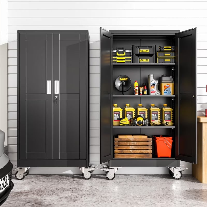 Erosoei 75"H Metal Garage Storage Cabinet with Wheels, Tool Storage Cabinet with 5 Adjustable Shelves