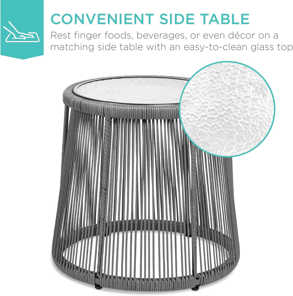 3-Piece Patio Conversation Bistro Set, Outdoor All-Weather Wicker Furniture for Porch, Backyard w/ 2 Wide Ergonomic Chairs, Cushions, Glass Top Side Table - Gray/Navy