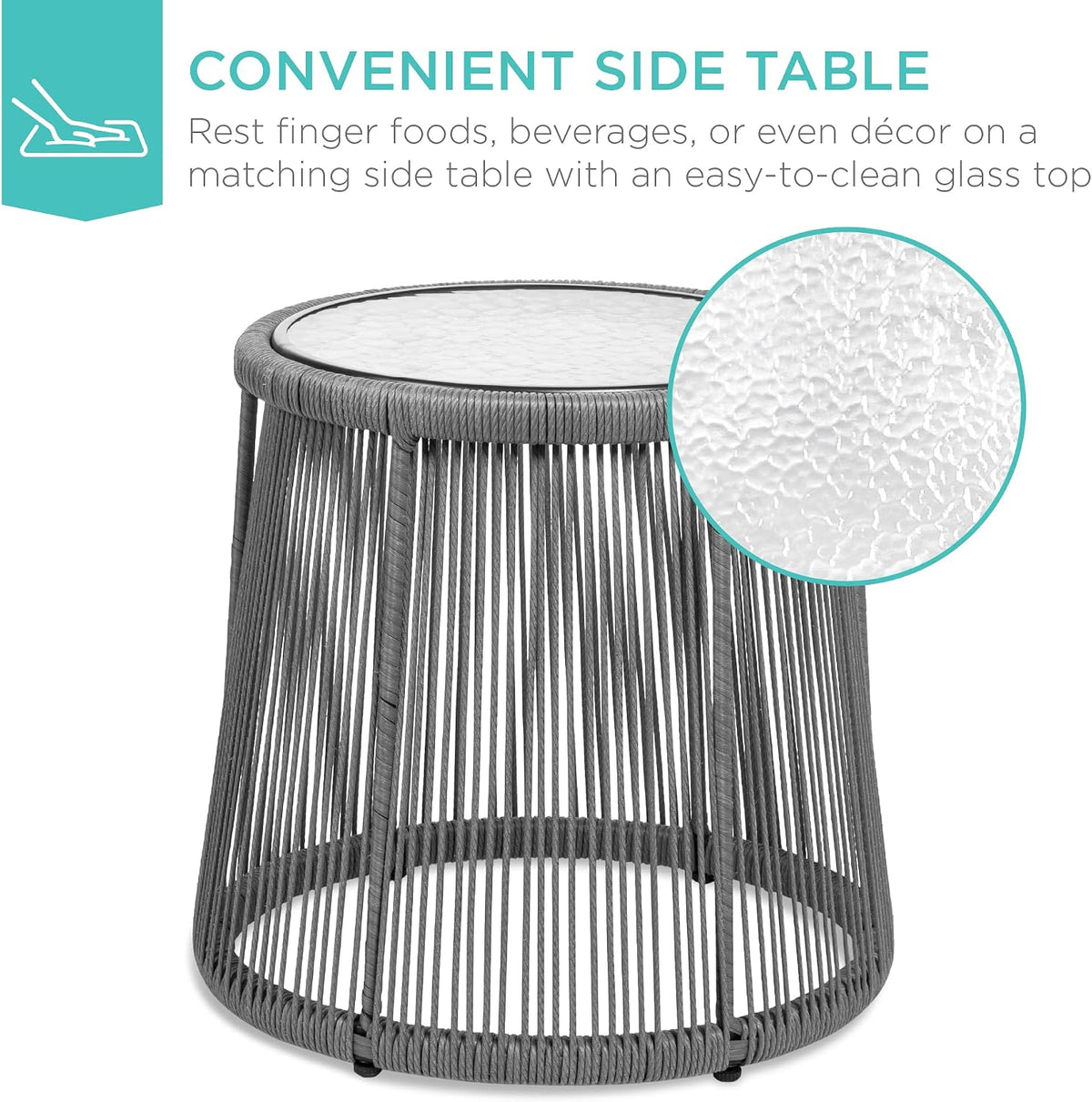 3-Piece Patio Conversation Bistro Set, Outdoor All-Weather Wicker Furniture for Porch, Backyard w/ 2 Wide Ergonomic Chairs, Cushions, Glass Top Side Table - Gray/Navy