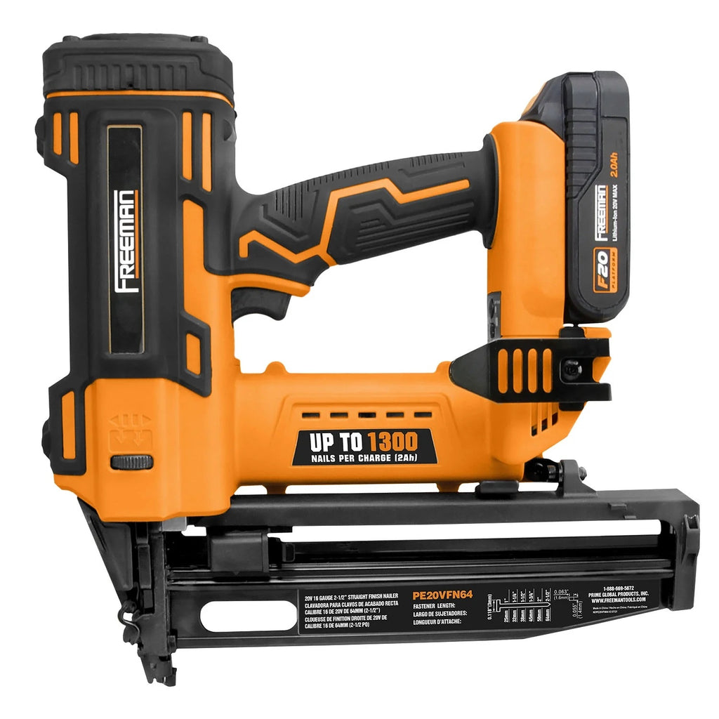 Freeman PE20VFN64 20 Volt Cordless 16-Gauge 2-1/2" Straight Finish Nailer Kit with Lithium Ion Battery, Charger, Bag, and Nails (200 Count) -C 1300 Shots per Charge