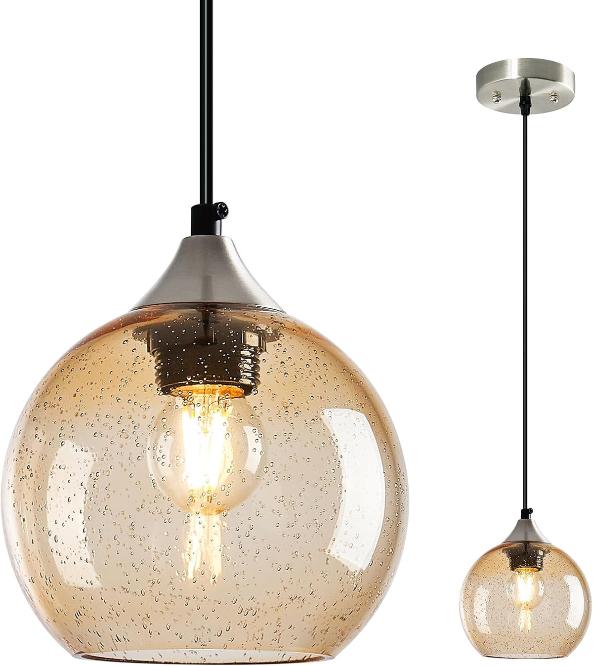 Amber Pendant Lights Kitchen Island 3 Pack, 5.9 in Seeded Glass Globe