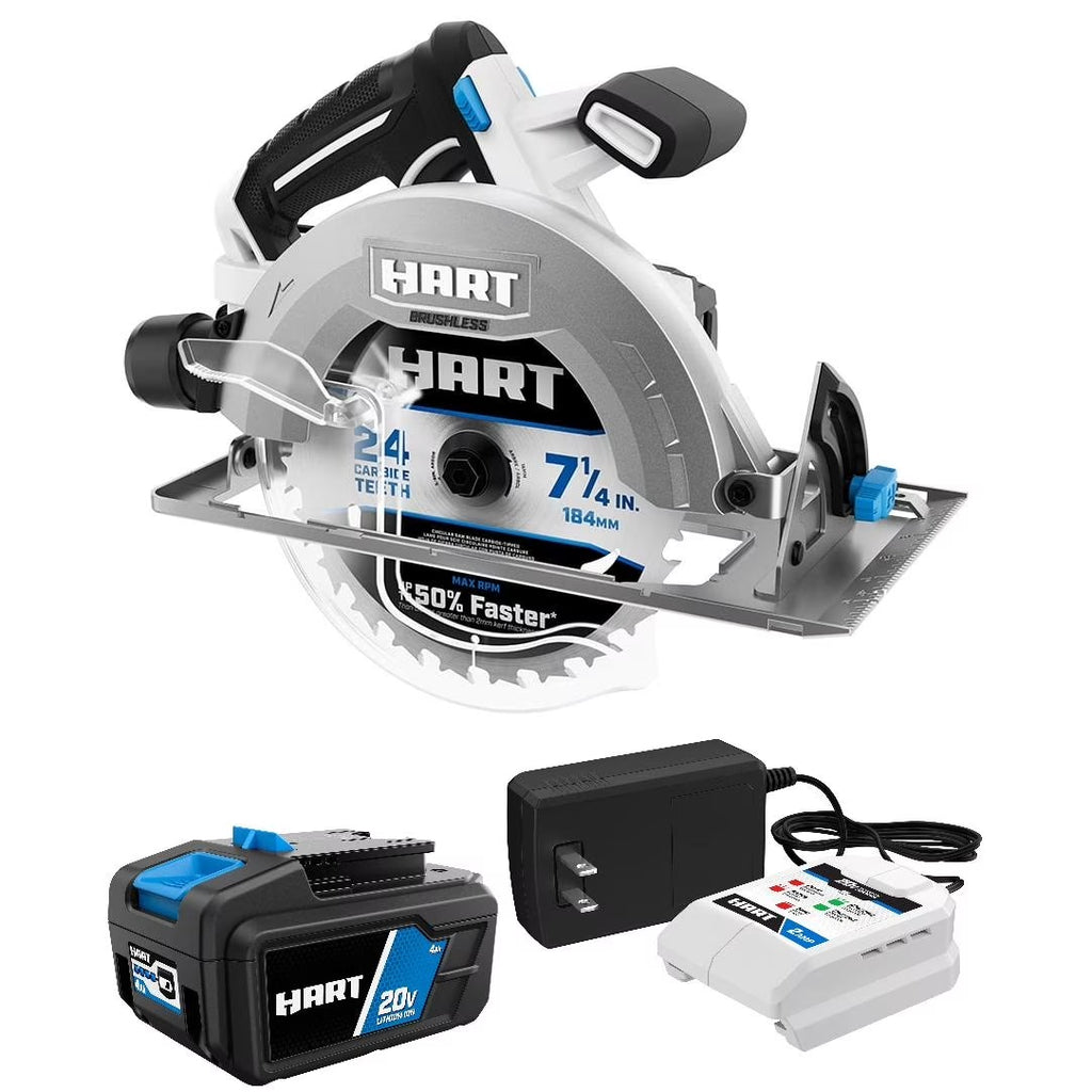 HART 20-Volt Brushless 7-1/4 Inch Circular Saw with 4Ah Battery and Charger Starter Kit Bundle