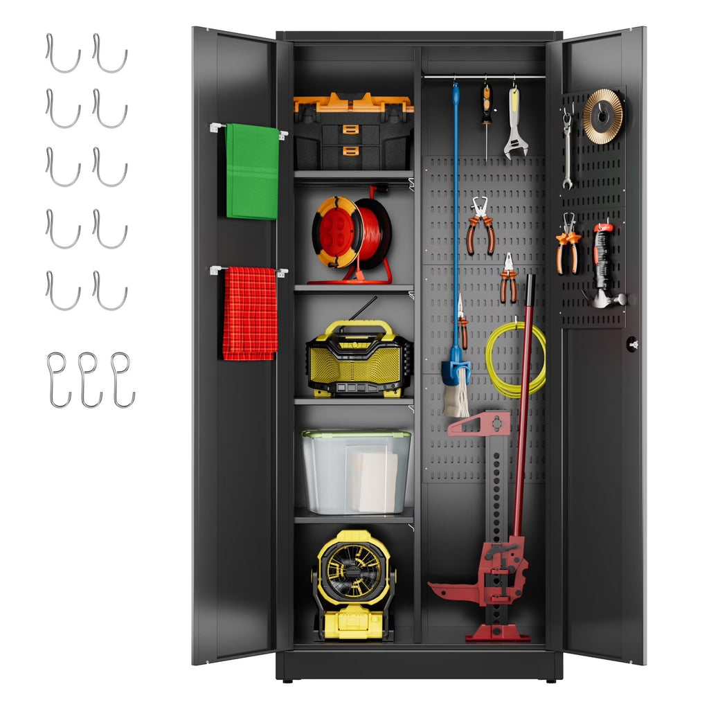 GAEANET 2 Door Metal Storage Cabinet with 5 Adjustable Shelves &Pegboard, 71" H-32" W-16" D Locking Steel Garage Cabinet, for Garage,Office,Home,Gym,School, File Cabinet,Assembly Required, Black