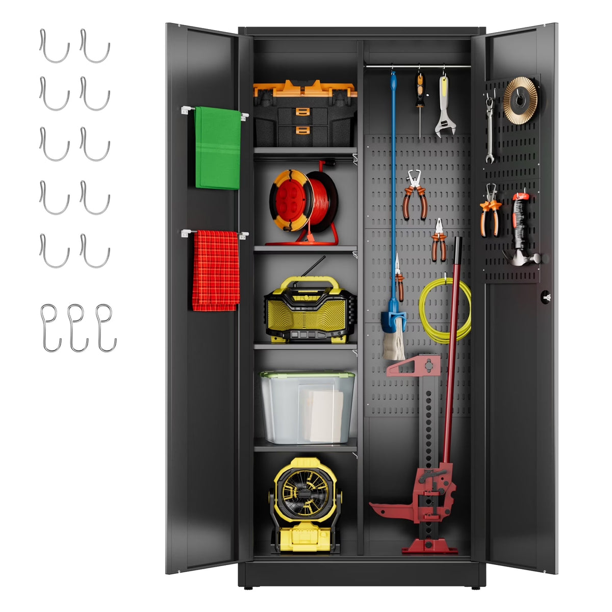 GAEANET 2 Door Metal Storage Cabinet with 5 Adjustable Shelves &Pegboard, 71" H-32" W-16" D Locking Steel Garage Cabinet, for Garage,Office,Home,Gym,School, File Cabinet,Assembly Required, Black