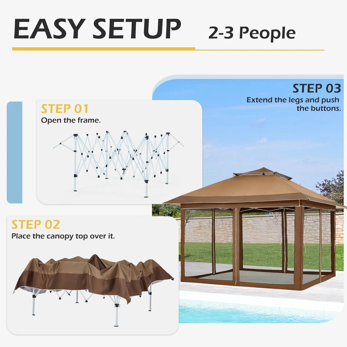 AVAWING 12x12 ft Outdoor Pop-up Canopy Party Tent Easy Setup Patio Wedding Tent, Khaki