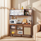 Bamboo Sideboard Buffet Cabinet, Rattan Kitchen Storage Cabinet, Boho Coffee Bar Tables for Kitchen Living Room Hallway Office, Walnut