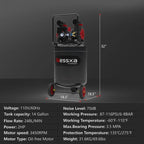 14-Gallon ultra-quiet air compressor 70dB, 2HP horsepower, 8.75CFM flow, maximum 116PSI pressure, oil-free design, 110V voltage, suitable for car repair, painting, and carpentry nailing operations