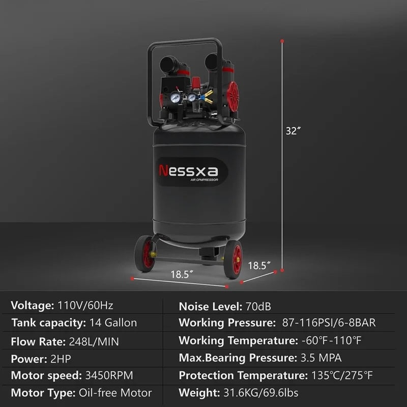 14-Gallon ultra-quiet air compressor 70dB, 2HP horsepower, 8.75CFM flow, maximum 116PSI pressure, oil-free design, 110V voltage, suitable for car repair, painting, and carpentry nailing operations